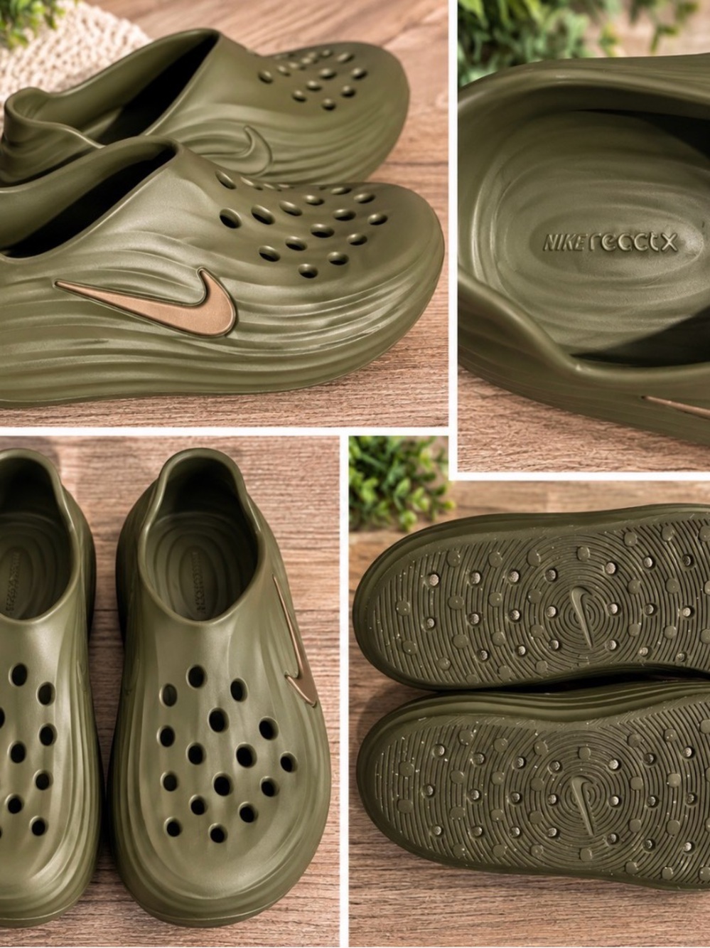 Nike Olive Green Foam Clog with Bronze Swoosh REACTX REJUVEN8 CLOG